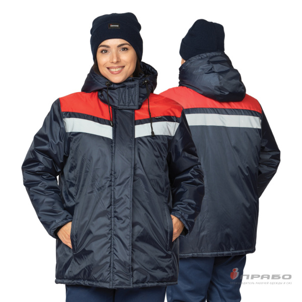 Куртка женская утеплённая «Сарма» тёмно-синяя/красная с капюшоном. Артикул: 9616. #REGION_MIN_PRICE# в г. Новосибирск